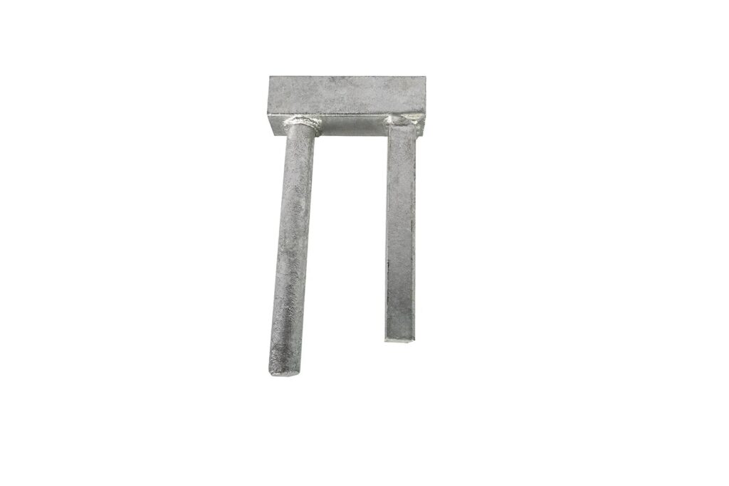 A metal U-shaped bracket with two parallel rods extending downward from a rectangular base, photographed on a white background.