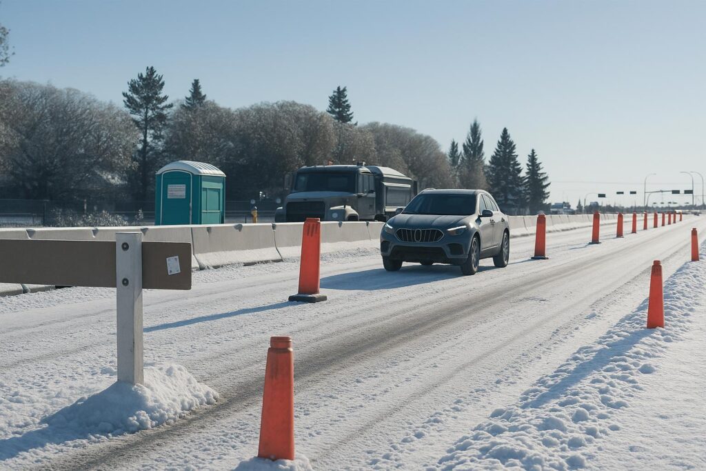 A silver SUV drives on a snow-covered road lined with orange traffic cones and concrete barriers. A truck and a portable toilet are visible in the background, with trees and a clear sky.