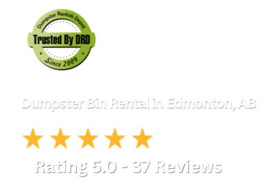 A green badge reads Dumpster Rental Driver Trusted By DRD Since 2009. Below it, text says Dumpster Bin Rental in Edmonton, AB, followed by five gold stars and Rating 5.0 - 37 Reviews.